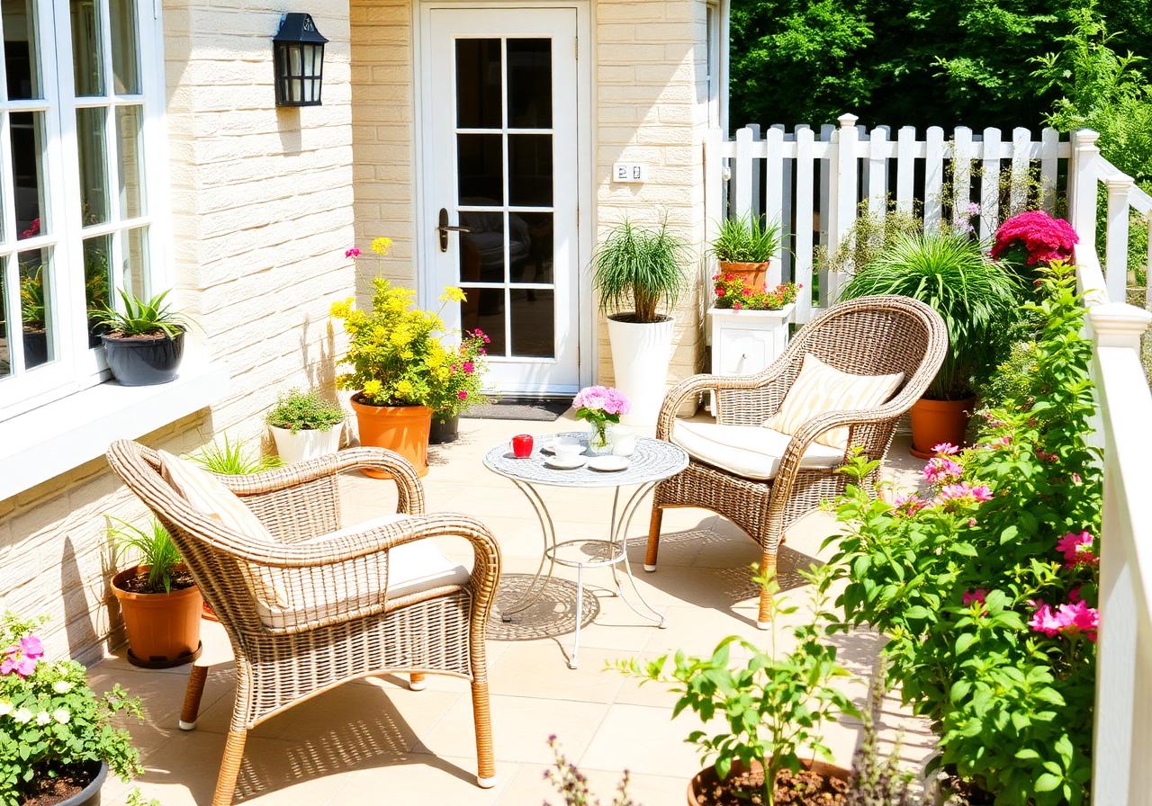 Sunny garden patio with wicker chairs and flowers